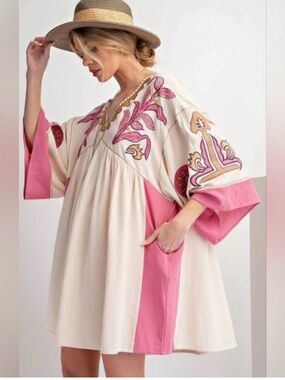 easel Cream and Pink Floral Embroidered Dress